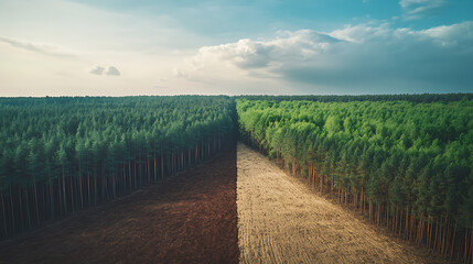 Aufkleber - Deforestation concept, half of deforestated land and half of land with forest, drone view