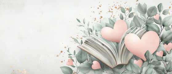Poster - beautiful open book surrounded by green leaves and pink hearts, symbolizing love and knowledge