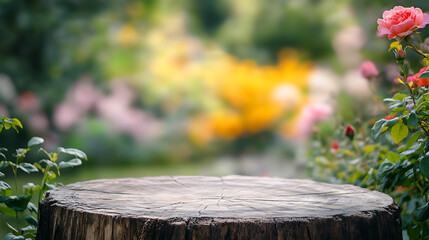 Aufkleber - Empty old tree stump table top with blur rose garden background for product display template, mock up, panoramic image