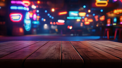 Aufkleber - Empty wood table top on abstract blurred game center shop and nightclub lights background -