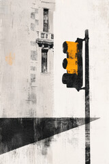 Poster - Urban Abstract Art with Yellow Traffic Light on Textured Monochrome Background
