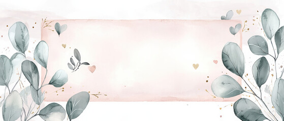 Poster - Soft watercolor background with leaves and hearts, perfect for invitations