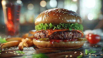 Sticker - A juicy cheeseburger with lettuce, tomato, and pickles, accompanied by fries and a glass of soda, on a wooden table.