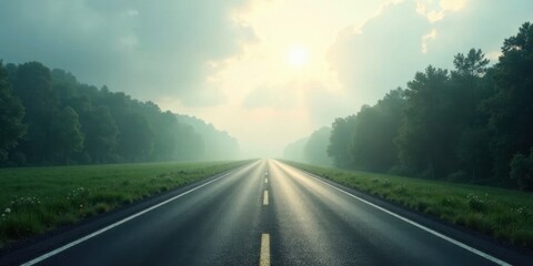 Poster - Asphalt Road Through Misty Forest at Sunrise Leading to a Bright Future