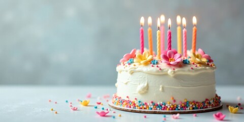 Poster - A Delightful Celebration Cake with Colorful Candles and Sugar Flowers