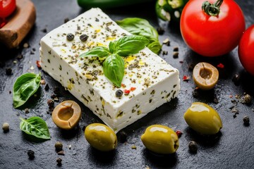 Poster - Mediterranean salad with feta tomatoes olives green peppers and basil