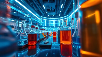 Colorful laboratory glassware display with blue and orange liquids.