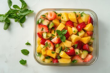 Wall Mural - Mixed fruit salad with mint Nutritious Blank area for text Overhead view