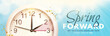 © Heiness - Spring Forward. Daylight saving time banner with realistic 3d wall clock, golden confetti and bright sun rays on blue sky background. Set your clock ahead one hour on 9 March 2025. Vector illustration