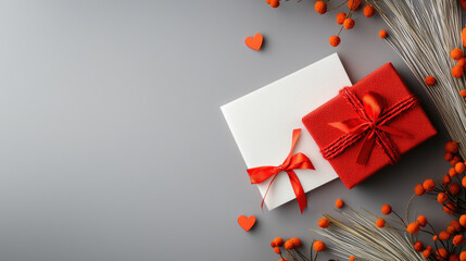 Red gift box with ribbon and white envelope on gray background, surrounded by orange berries and decorative hearts, creating festive and romantic atmosphere