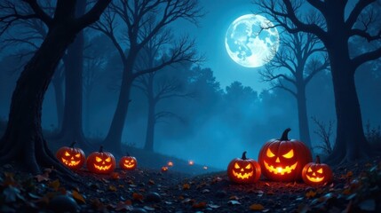Poster - Enchanted Forest Path with Glowing Jack-o'-lanterns under a Full Moon