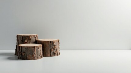 Poster - Rustic wooden stump display on minimalist background ideal for product photography