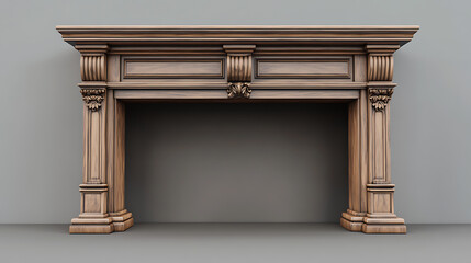 Poster - Large traditional fireplace without a fire, blank walls, empty mantle piece mockup shelf, 3d rendering