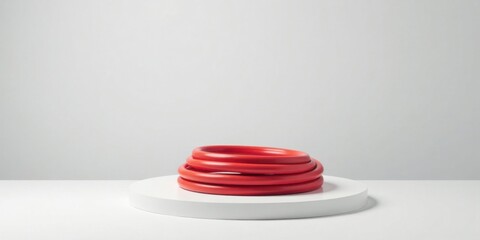 Poster - Modern Minimalist Product Display with Stacked Coral Rings on White Pedestal