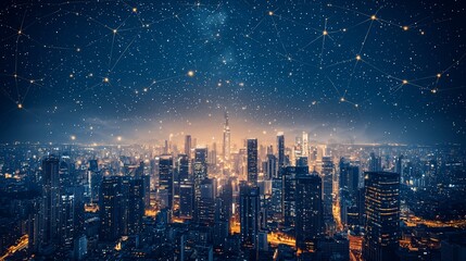 Poster - Night city skyline with connected nodes.