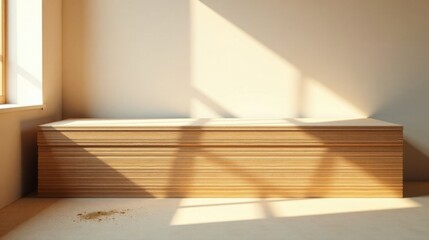 Aufkleber - Sunlight Illuminates Stacked Wood Panels in a Room