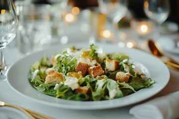 Wall Mural - Nutritious mixed greens salad featuring croutons cheese chicken and special dressing Caesar served in a white bowl with water and gold utensils on the dining ta