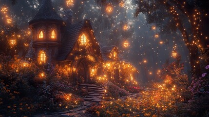 Canvas Print - Enchanted Cottage in a Magical Forest at Night