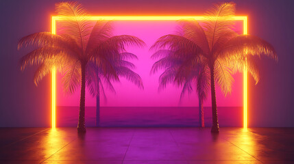 Poster - Modern trendy neon glowing light with tropical palm trees, 3d rendering