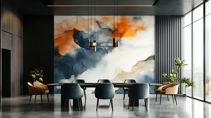Aufkleber - Modern minimalist interior of dining room in the office with abstract mural on the wall