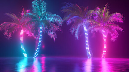 Poster - Modern trendy neon glowing light with tropical palm trees, 3d rendering