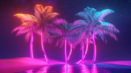 Poster - Modern trendy neon glowing light with tropical palm trees, 3d rendering