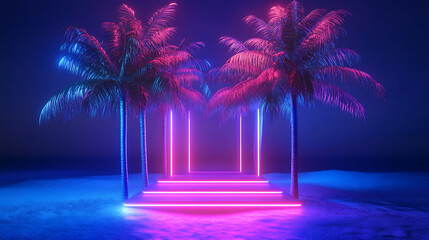 Poster - Modern trendy neon glowing light with tropical palm trees, 3d rendering