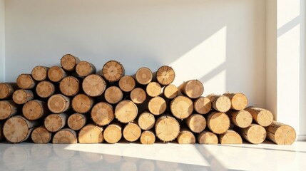 Poster - Stack of Natural Wood Logs Against a White Wall in Sunlight