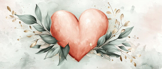 Poster - large watercolor heart surrounded by green leaves and gold accents