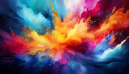 Poster - A vibrant explosion of colors in hues of blue, orange, pink, and yellow, creating a dynamic and energetic abstract design.