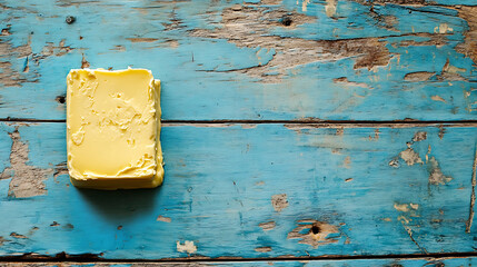 Aufkleber - Piece of butter on a blue wooden table, selective focus