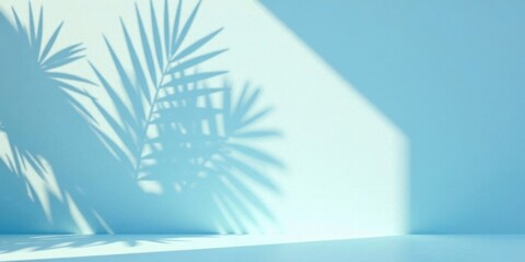 Poster - Serene Light Blue Background with Tropical Leaf Shadows on a Minimalist Surface