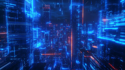 Leinwandbilder - Smart city and technology connection concept, city with blue glowing lines