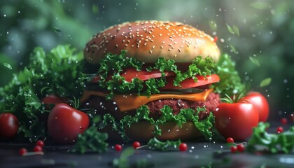 Sticker - A close-up of a delicious cheeseburger with lettuce, tomato, and onion, surrounded by fresh ingredients.