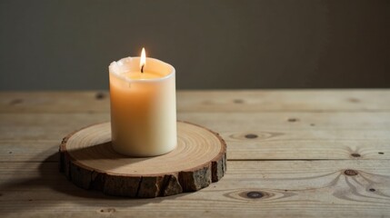 Poster - A lit candle on a wooden slice rests on a rustic wood surface