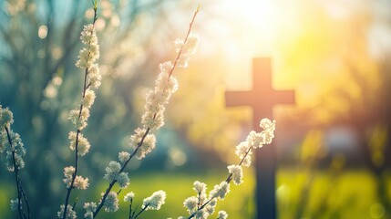 Poster - beautiful spring landscape. Palm Sunday. Blossoming willow against of rural landscape. symbol of palm branch for holiday before Easter. cross, symbol of Christianity religion. Soft focus. Art noise 