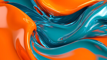 Poster - Trendy liquid 3d illustration background of orange teal blue waves, modern flowing gradient abstract, wallpaper banner with copy space for branding and product presentation, institution talks web