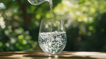 Poster - Water from jug pouring into glass on wooden table outdoors
