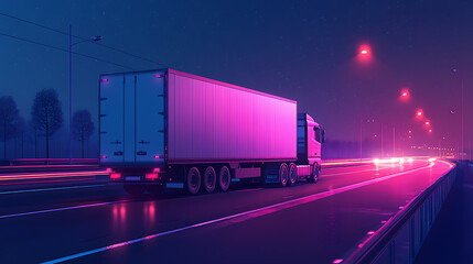 Aufkleber - White european truck run in highway by night, illustration