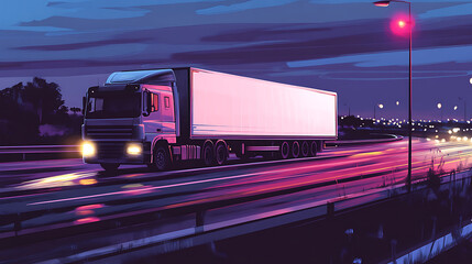 Aufkleber - White european truck run in highway by night, illustration