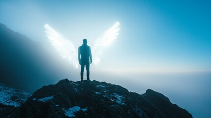 Poster - A figure gazes into the horizon from a rugged cliff, ethereal glowing wings unfolding behind. The soft dawn light casts a serene, mystical glow, evoking feelings of inspiration and wonder
