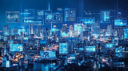 Poster - Smart city at night with digital data overlays.