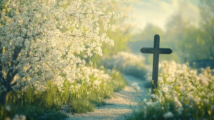 Poster - beautiful spring landscape. Palm Sunday. Blossoming willow against of rural landscape. symbol of palm branch for holiday before Easter. cross, symbol of Christianity religion. Soft focus. Art noise 