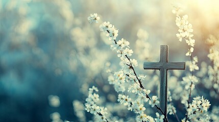 Poster - beautiful spring landscape. Palm Sunday. Blossoming willow against of rural landscape. symbol of palm branch for holiday before Easter. cross, symbol of Christianity religion. Soft focus. Art noise 