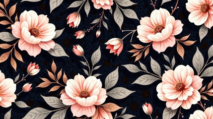 Poster - Elegant Floral Pattern with Delicate Peach Blossoms and Dark Background