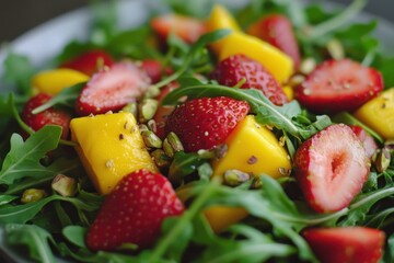 Wall Mural - Salad of arugula strawberries mango and pistachios