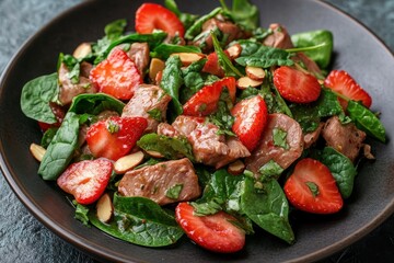 Sticker - Salad featuring strawberries chicken liver spinach almonds and mint Keto dinner and paleo lunch Recipe details Close up view