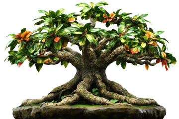 hyperrealistic tree with intricate branches and lush green leaves, adorned with vibrant flowers, stands on rocky base. detailed texture of bark and vivid colors of foliage create striking visual