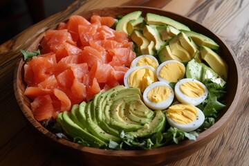 Canvas Print - Salmon salad with smoked fish boiled eggs avocado and greens on a wooden surface