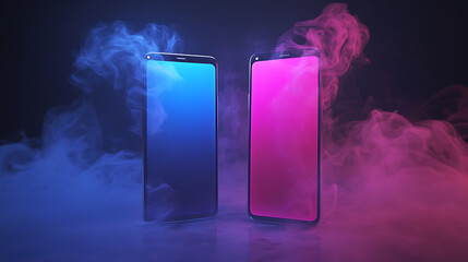 Fototapete - 3d glowing smoke effect on two phones in pink and blue, dark background